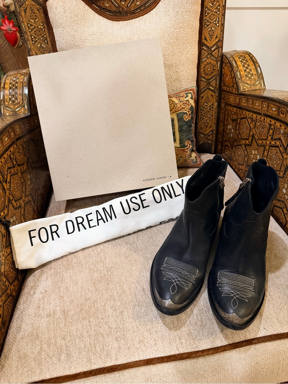 Golden Goose “Young ankle boots in black leather w/ sand-colored embroidery